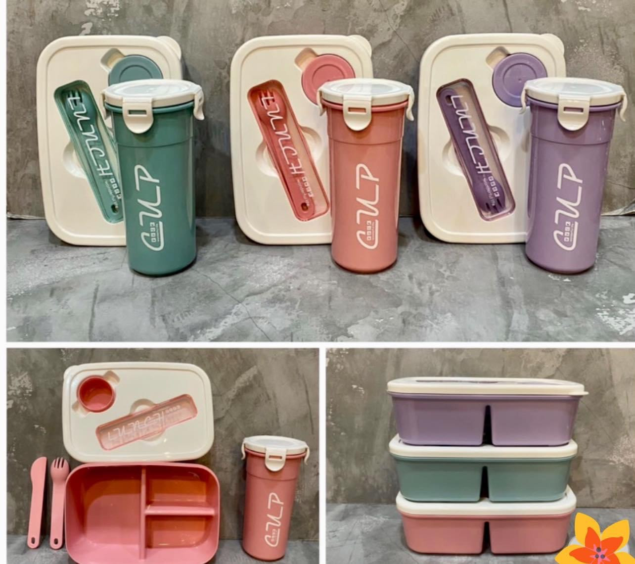 Lunch box with one set cup, 500 ml drinking bottle, fork, and little knife. Perfect for school